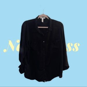 2087 Ambiance Apparel Black Sheer 3/4 Sleeve Button Down Blouse Size XL